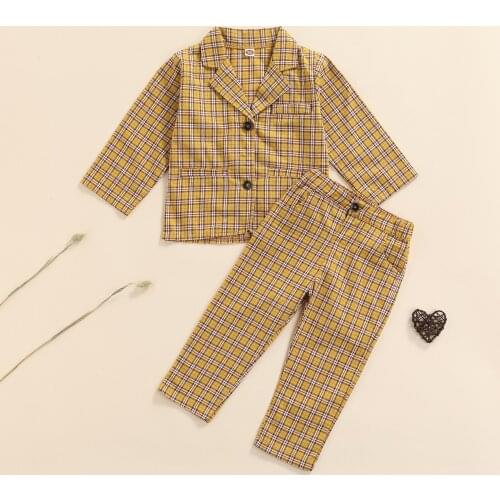 FOCUSNORM Autumn Fashion Kids Girls Formal Suit Clothes 2-7Y Plaid Printed Single Breasted Blazer Long Pants 2PCS