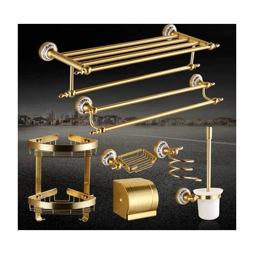 Antique Space Aluminum Brushed Bath Hardware Sets European Gold Ceramic Base Bathroom Accessories Bathroom Products JS40