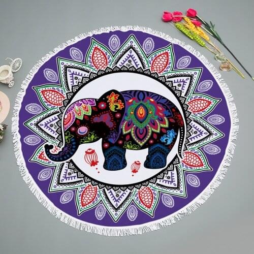 Mylb Bohemian Elephant Round Beach Towel Boho Indian Tassel Tapestry Floral Yoga Mat Lotus Flower Toalla Blanket 150cm
