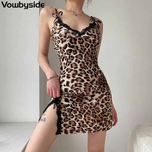 2021 Summer New Womens Sexy Leopard Print Lace Trim Stitching Split Suspender Dress