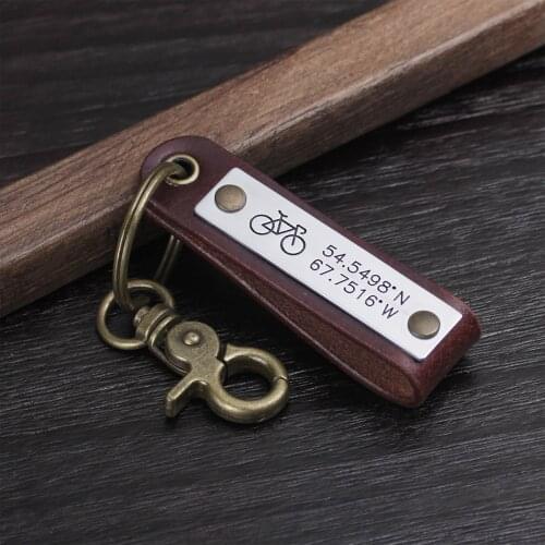 Personalized Mens Leather Keychain - Custom Latitude Longitude keyring - Can Be Personalized with Your Coordinates Or Any Text
