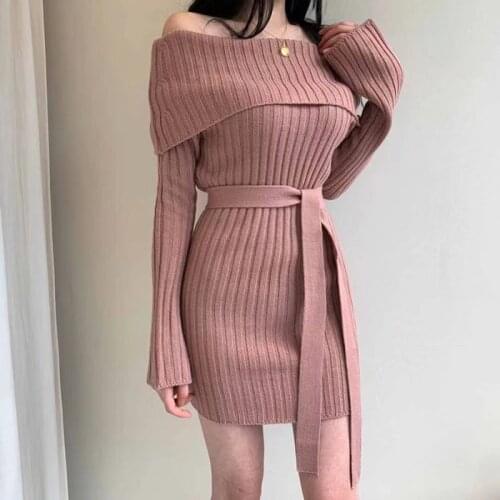 Off Shoulder Sweater Dress Knitted Sweater Dress Woman Sexy Bodycon Mini Dresses For Women Party 2020 Korean Long Sleeve Clothes