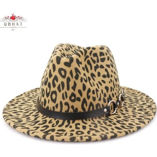 QBHAT Men Women Leopard-print Jazz Felt Hat Flat Brim Fedora Hats with Belt Buckle Panama Trilby Cap Party Formal Top Hat