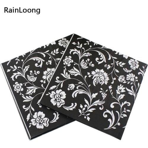 [RainLoong] Black Flower Printed Napkin Festive & Party Supply Tissue Guardanapo Servilleta 33*33cm 1 pack (20pcs/pack) UF-54