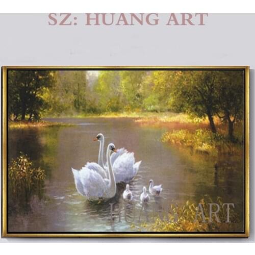 Hand-painted Beautiful Landscape Forest Trees Oil Painting Impressionist Swans Swimming in Lake sunrise Animal Oil Painting