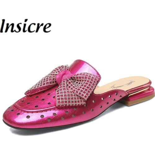 Insicre Rhinestone Bowknot Women Mules Summer Spring Fashion Cow Leather Hollow Out Slides Comfortable Flat Shoes Big Size