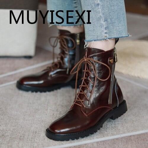 Superstar genuine leather 3cm thick low heel platform round toe metal rivets lace up side zipper motorcycle boots MUC12 MUYISEXI