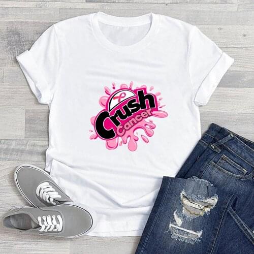 Harajuku Top Women T-shirt Casual Ladies Crush Cancer Print Basic O-collar Short Sleeved Women T-shirt Girl,Drop Ship