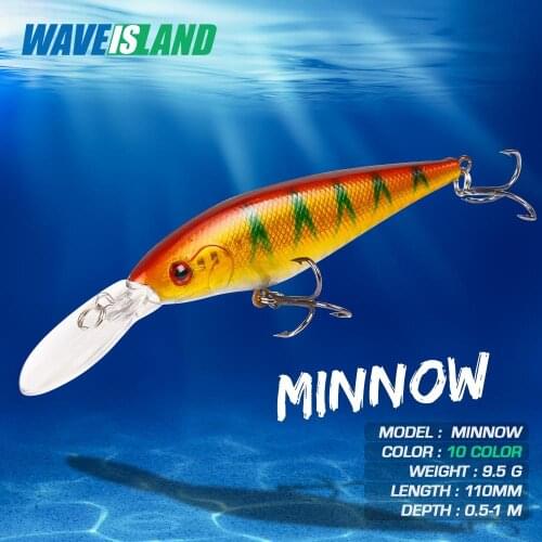 WAVEISLAND Top Water Minnow Fishing Lure Sinking 9.5g 11cm Bait Double Hooks Pike Lure Trolling Hard Bionic Artificial Baits