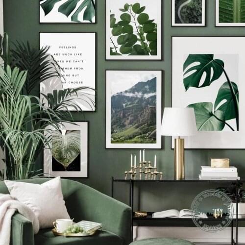Green Monstera Leaf Fog Mountain Scenery Canvas Painting Nordic Plant Forest Poster Wall Art Print Pictures Living Room Decor