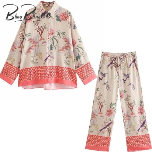 BlingBlingee Za 2021 Summer Woman Casual Traf Outfits Female Flowers Panels Loose Shirt + Ankle Length Pants Suits 2 Piece Sets