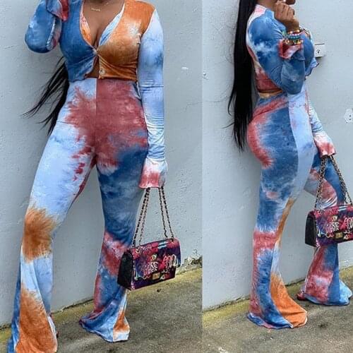Streetwear Tie-dye Printing Two Piece Suit Full Sleeve V-neck Button Crop + Flares Bodycon Female Matching Set Outfits Fall 2020