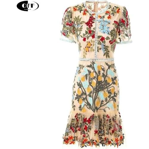 Fashion Designer Runway dress Spring Summer Women Flare Sleeve Floral Mesh Embroidery Slim Elegant party mini Dresses vestido