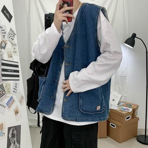 Vintage Mens Spring Autumn Loose Fit Denim Vest V Neck Single Breasted Sleeveless Jacket Preppy Casual Waistcoat Pocket Top Vest