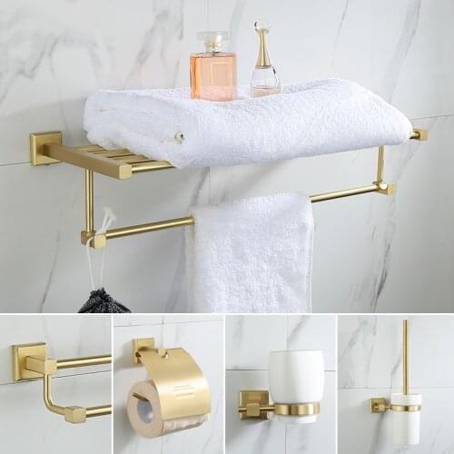 Gold Brushed Bathroom Accessories Brass Square Base Towel Shelf Creative Wall Towel Holder Shower Bathroom Set Ceramic Soap Dish