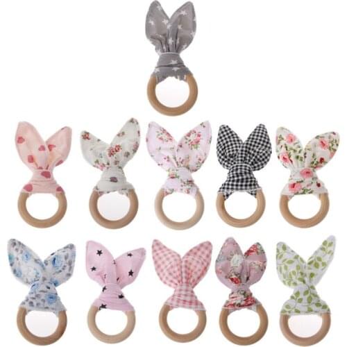 1Pc Handmade Baby Teether Wooden Circle with Fabric Natural Baby Teething Ring Chewing Teether Rabbit Ears Sensory Teether Toy