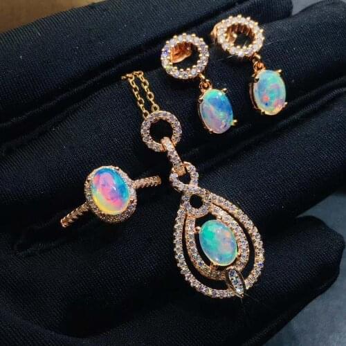 100% Natural Opal jewelry set Natural Real Opal 925 sterling silver 1pc pendant,1pc ring,2pcs Earring