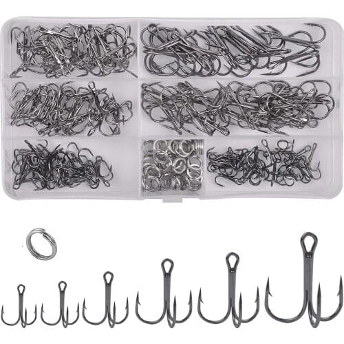 180pcs/Box Treble Fishing Hooks Sharp Round Bend Triple hook Barbed Fishhooks with Split rings set for Bass fishing tackle
