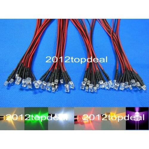50pcs 3mm/5mm Red/Green/Blue/RGB 3V 5V 12V DC Round Pre-Wired Water Clear LED