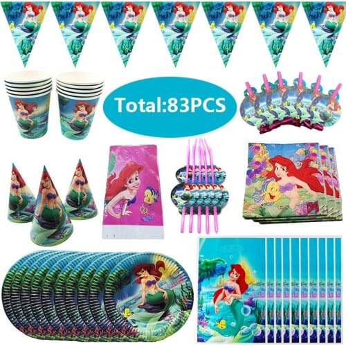 83PCS Mermaid Ariel Disney Princess Party Decorations Foil Balloons Baby Shower Party Supplies Disposable Tableware Latex Balls