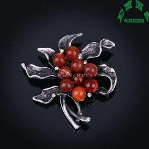 Agated Stone Plant Fruit Flower Brooches Pins Metal Color Retro Large Elegant Fashion Brooches Scarves Buckle Clip Accessories