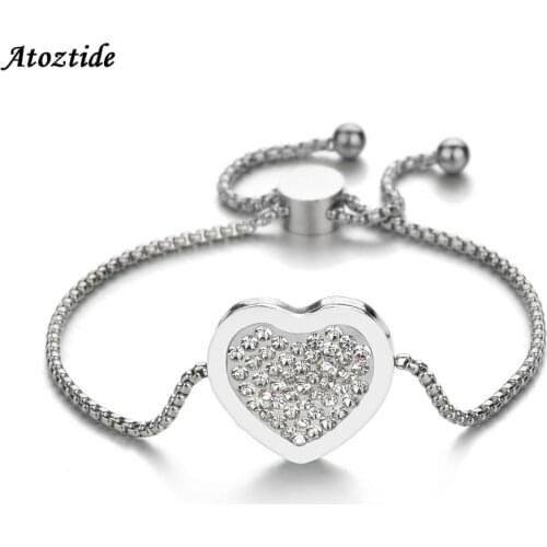 Atoztide Simple Personalized Stainless Steel CZ Stone Pave Heart Bracelet For women Customized ID Bracelet Adjustable Chain Gift