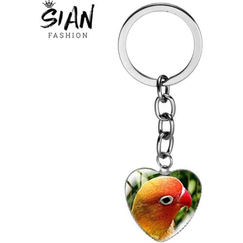 SIAN Funny Bird Photo Heart Shape Keychain Colorful Parrot Lovebird Fashion Animal Pendant Glass Cabochon Female Key Ring Holder
