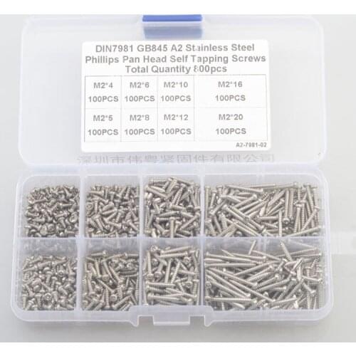 Free shipping 800 pcs 304 stainless steel m2 cross countersunk flat head self tapping screw sets