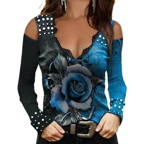 Slim Blouse V Neck Women Blouse Rose Flower Print Sweat Absorbing Off-Shoulder Color Matching Long Sleeve T-shirt Streetwear