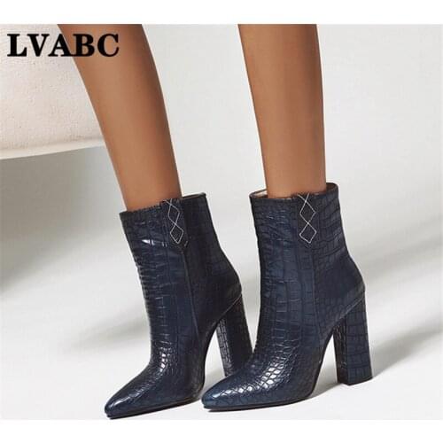 2020 New Autumn Winter Fashion Square High Heel Slip on Women Shoes Pointed Toe PU Leather Casual Ankle Boots Size 34-43