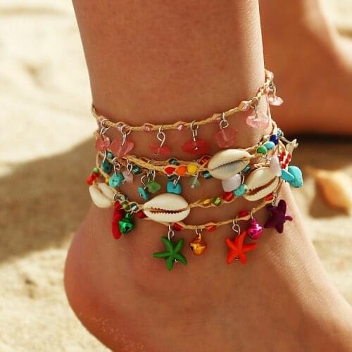 Multicolor Natural Conch Shell Raffia Chain Anklets for Women Boho Handmade Multicolor Stones Sea Star Pandant Foot Bracelet