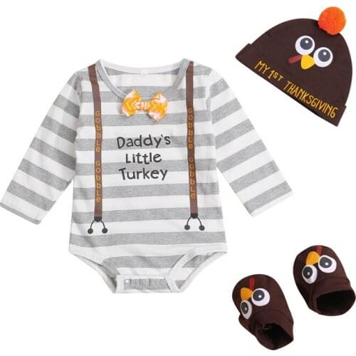 Baby My First Thanksgiving Outfits Newborn Infant Boys Girls Long Sleeve Striped Rompers + Turkey Hat + Socks Set