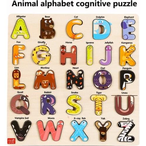 Toi Children Animal Cartoon Alphabet Wooden Pegboard Early Educational Interesting Jigsaw Puzzle Toys More Than 3 Years Old