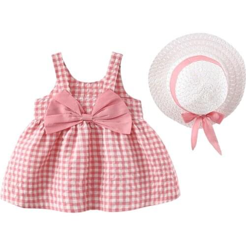 Kids Girls Sleeveless Bow Plaid Print Princess Dress+hat Set Outfit Платье Для Девочки Baby Girls Summer Clothes Casual Dresses