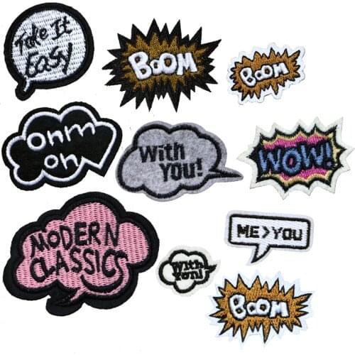 Letter "BOOM" "WOW" Dialog Box British Style Totem Icon Embroidered Applique Patch for Clothing DIY Sew up Badge on the Backpack