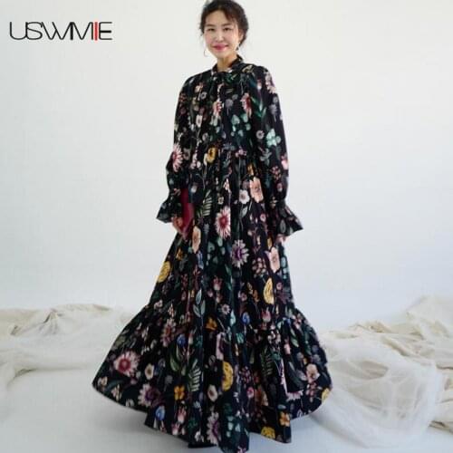 Elegant Dress Vintage Fashion Long Sleeve Closed Dress Women Flower Hit Color Neckline Tie Lotus Leaf Big Swing Plus Size Dress