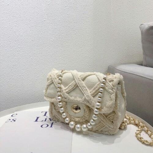 Women Canvas Shoulder Bags Chain Messenger Crossbody Bag Ladies Vintage Tassels Handbag Totes Office Pearls Diamond Lattice Flap