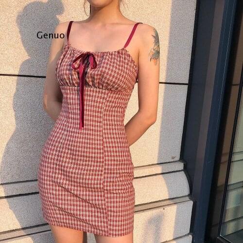 Plaid Mini Dress Women Spaghetti Strap Bow Summer Teenage Girl Style Dress Lady Casual Vacation Short Dress New