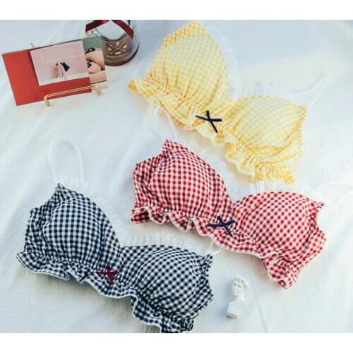 2019 New Arrival M L Lovely Lolita Kawaii Fashioin Check Priting Return Ancients Lace Wireless Bra Panties Set Underwear RB331