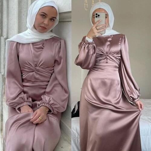 Muslim Abayas Women Islamic Clothing Pakistan Ramadan Satin Dress Female Solid Color Casual Full Sleeve Dubai Abaya Turkey 2021