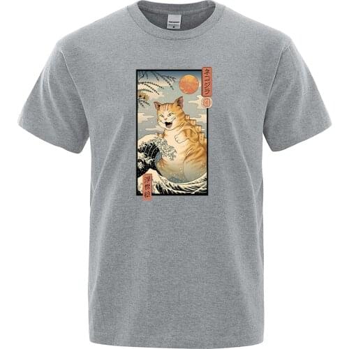 Waves And Big Cat Ukiyo E Style Printing Male T-Shirts Cool S-Xxxl T Shirt Vogue Casual Tee Shirt Casual Soft T-Shirt For Men