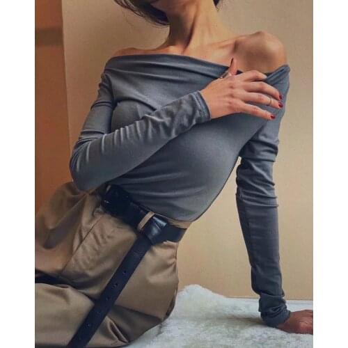 Autumn women tops full sleeve sexy slash collar t shirts off shoulder solid kpop tops clothing women black white tshirt tees