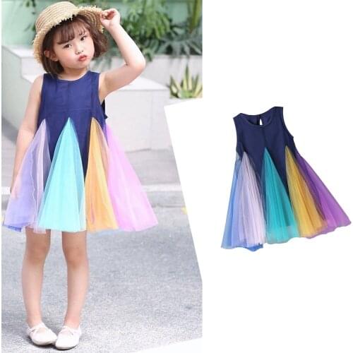 Little Girls Casual Sleeveless Dress Summer Rainbow Color-block Mesh Yarn A-line Princess Dress