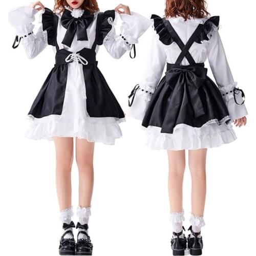 Japanese Anime Maid Dress Cosplay Costume Set Sweet Lolita French Apron Headband
