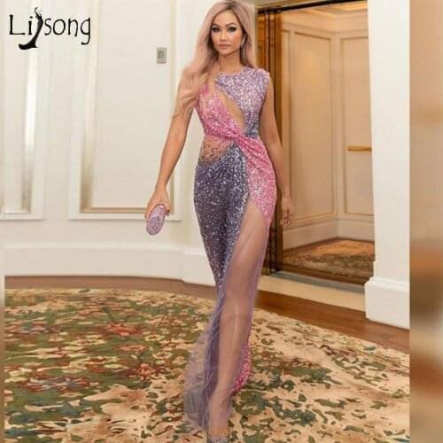 Sexy High Side Split Mermaid Prom Dresses 2020 Shiny Mic Color Sequined Long Prom Gowns Fuchsia And Purple Formal Party Dress