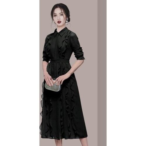 Sheer High Quality Black Chiffon Dresses for Women Casual Long Sleeve Corset Dress Ladies Streetwear Ruffle Elegant Dress Woman