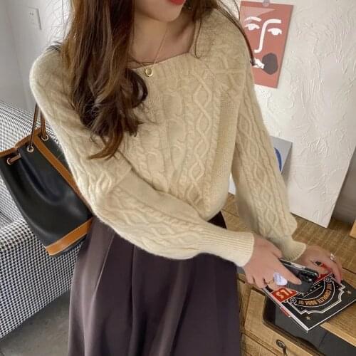 Korean Fashion Knitted Sweater Women Twisted Square Collar Jumper Pullover Casual Clothes Warm Loose Pull Femme Top Sueter Mujer