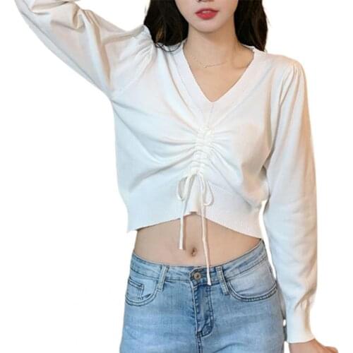 Knitted Crop Top 2021 Long Sleeve Slim Fitted Streetwear V Neck Drawstring Knitwear Sweater for Going Out