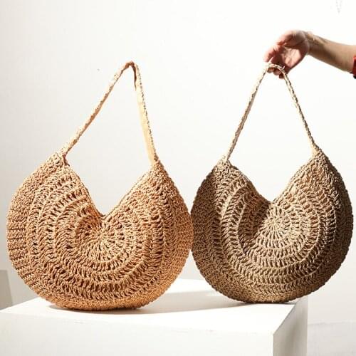 Womens One-Shoulder Summer Straw Woven Bag Large-Capacity Shoulder Bag Bohemian Style Vacation Beach Bag
