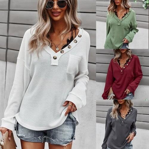 V-neck sexy womens fall/winter 2021 solid color knitted top long-sleeved sweater tunics women tee shirt oversize cute clothes